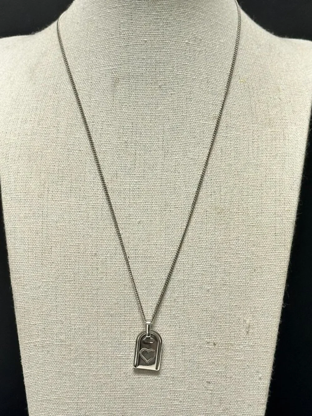 Milor Bronze Italy Necklace Silver Tone Heart Tag Pendant Chain Link 18.5